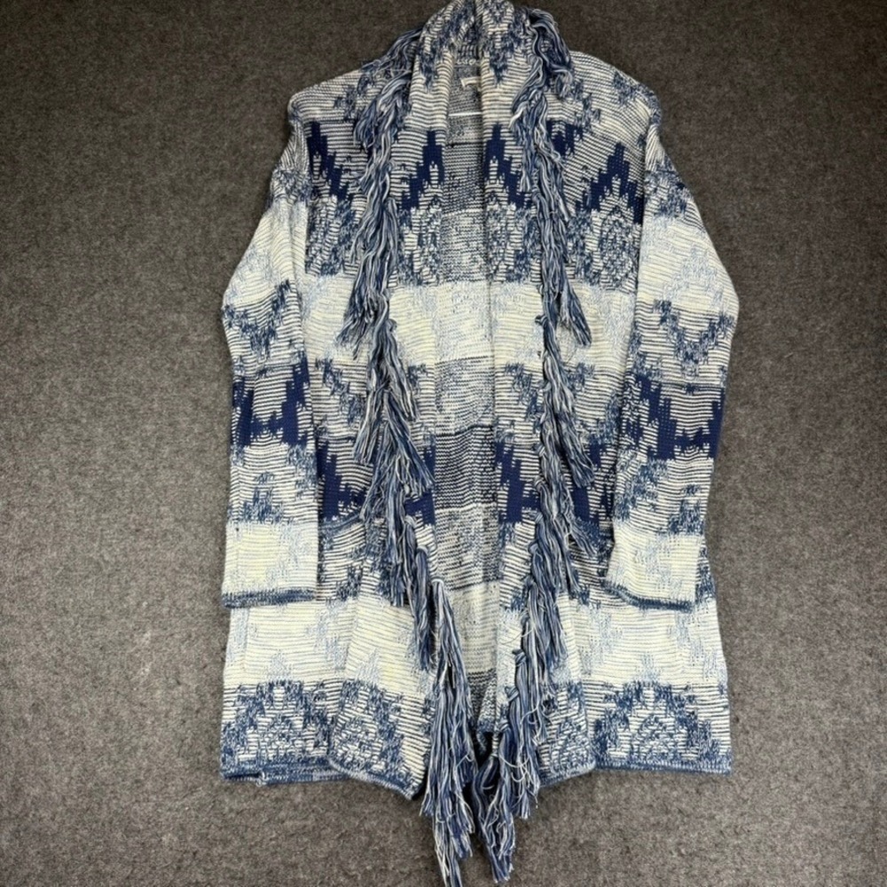 American Eagle Outfitters Womens M Aztec Cardigan Blue White Fringe Boho Knit